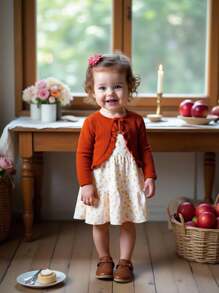 SHEIN 2-Pack Baby Girl Cute Casual Floral Pattern Dress And Coat Suitable For Spring, Summer, Autumn And Winter Daily Wear, Fall Clothes - Multicolor - View 3