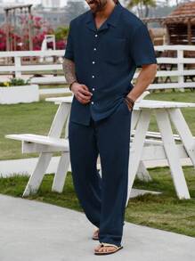 Manfinity RSRT Plus Size Men's Casual Solid Color Short Sleeve Shirt And Pants Set, Summer - Royal Blue - View 5