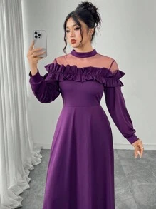 Modelyn Plus Size Women Elegant Waist Cinched Mesh Patchwork Ruffle Hem Dress Fall Cloth For Women - Purple - View 6