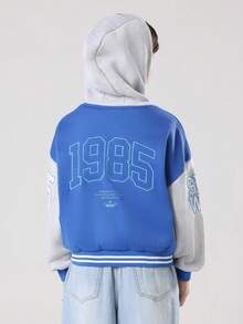 SUMWON Varsity Athletic Limited Edition Tween Boys Jacket Blue Grey Contrast Sleeves Autumn Winter Letter Print College Style Casual Everyday Outerwear With Hood - Blue - View 6