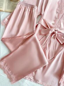 SilkySpell 4件套女士性感蕾丝吊带背心、蕾丝边短裤、长裤、优雅缎面腰带睡袍套装、睡衣内衣套装、秋冬服装 - 粉色 - 查看 6