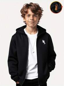 SHEIN 1-Pack Tween Boy Casual Sports College Art Retro Hooded Jacket With Grab Material Sweater Suitable For Kids Outfits Toddler Boy Clothes Back To School Boys Set Suitable For Birthday Parties, Evening Parties, Performances, Weddings, Baptisms, Opening Ceremonies Daily Suitable For Daily Use Suitable For School Suitable For Travel Suitable For Sports Suitable For Autumn And Winter Seasons Suitable Joggers Boys Coats Kids Boy First Day Of School Winter Jacket Winter Coat Coats Goth Goth Clothes Fall - Black - View 2