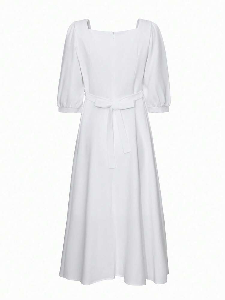 Elegant White Long Chiffon Dress With Puff Sleeves & Square Collar, Colorblock Summer Women Dresses Maxi Dress