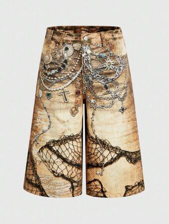 Street Life Pantaloncini di jeans casual e vintage da uomo, con stampe, larghi