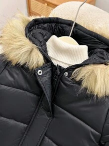 SHEIN Abrigo acolchado con capucha y puños elásticos para niñas, con cuello de piel, adecuado para vacaciones, salidas y vuelta al colegio