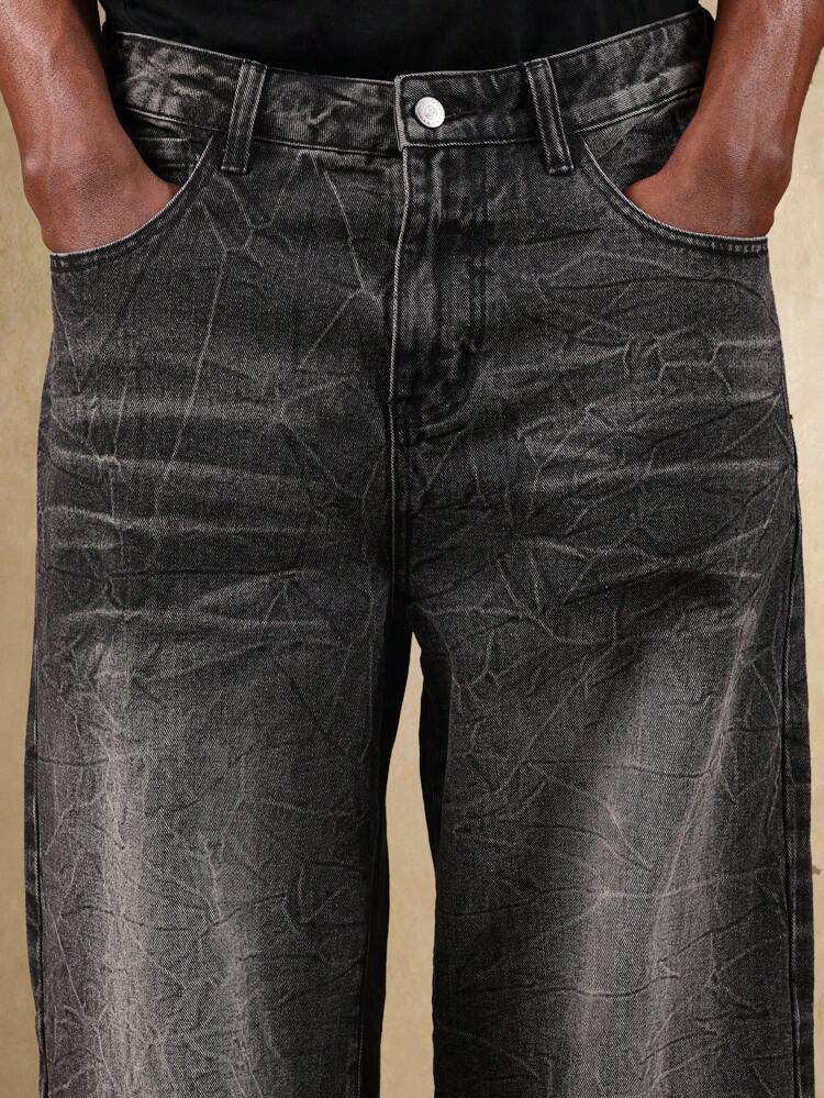 Wide Leg Crinkled Denim Jeans With Textured Pattern