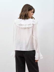 Maija Blusa elegante de mujer con volantes y mangas acampanadas, estilo bohemio de unicolor - Blanco - Ver 5