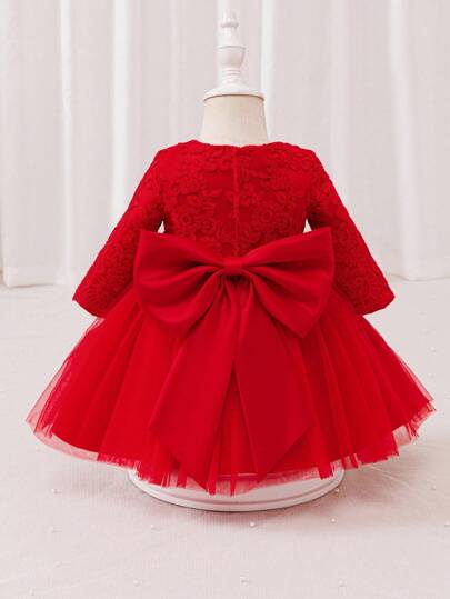 Glamorique Kids Girls' Red Embroidered Lace Long-Sleeved Tulle Satin Dress, Children's Party Wear, One-Year-Old Birthday Dress, High-End Princess Dress