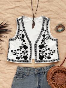 Soleia Women's Spring/Summer Open Front Embroidered Casual Top Jacket, Party, Boho Top Floral Top Embroidered Top Summer Top Boho Summer Tops - Black and White - View 5