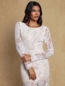 Glamine Nuevo vestido maxi de mujer de manga larga, ajustado, con espalda descubierta, abertura en el bajo, encaje tejido, sexy y elegante, para las cuatro estaciones, vestido de dama de honor, vestido de invitada de boda, vestidos para fiestas de mujeres, atuendos de cumpleaños para mujeres, vestidos elegantes para mujeres, atuendos de vacaciones para mujer, ropa de otoño para mujeres - Blanco - Ver 6