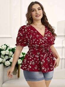 Reflora 大码花卉印花短袖衬衫，裹身款式，V 领，适合夏季 - 紅白色 - 查看 6