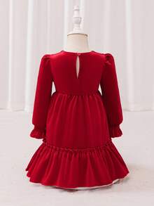 Glamorique Kids Baby Girls' Autumn/Winter New Velvet Korean Fleece Design V-Neck Ruffle Bow Elegant Party Dress,Christmas Dress - Red - View 2