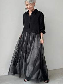 FRIFUL 女式黑色落肩长袖下摆拼布扎染面料透明网眼衬衫裙，秋季连衣裙，休闲长裙 - 黑色 - 查看 1