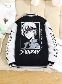 Tween Boy Casual Everyday Anime Character Printed Baseball Collar Open Front Loose Knit Thick Warm Jacket,In Fall/Winter - Black and White - View 3