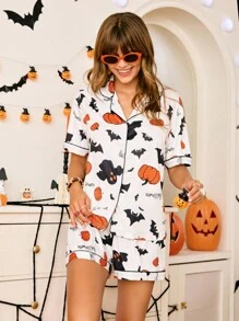 Chillnights Women's Halloween Bat & Pumpkin Print Lapel Pajama Set Cute Pajama Set For Women - White - View 6