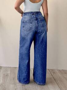 EURMUSE 100% Cotton Plus High Waist Asymmetric Belt Wide Leg Jean - Dark Wash - View 2