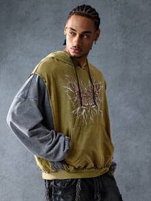 ROMWE MEN Street Life Men's Butterfly Graphic Print Contrast Color Drawstring Pocket Hoodie Sweatshirt - Brown - View 9