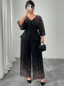 Modelyn 2件套加大码女式星星印花蝙蝠袖上衣和裤子套装 - 彩色 - 查看 3