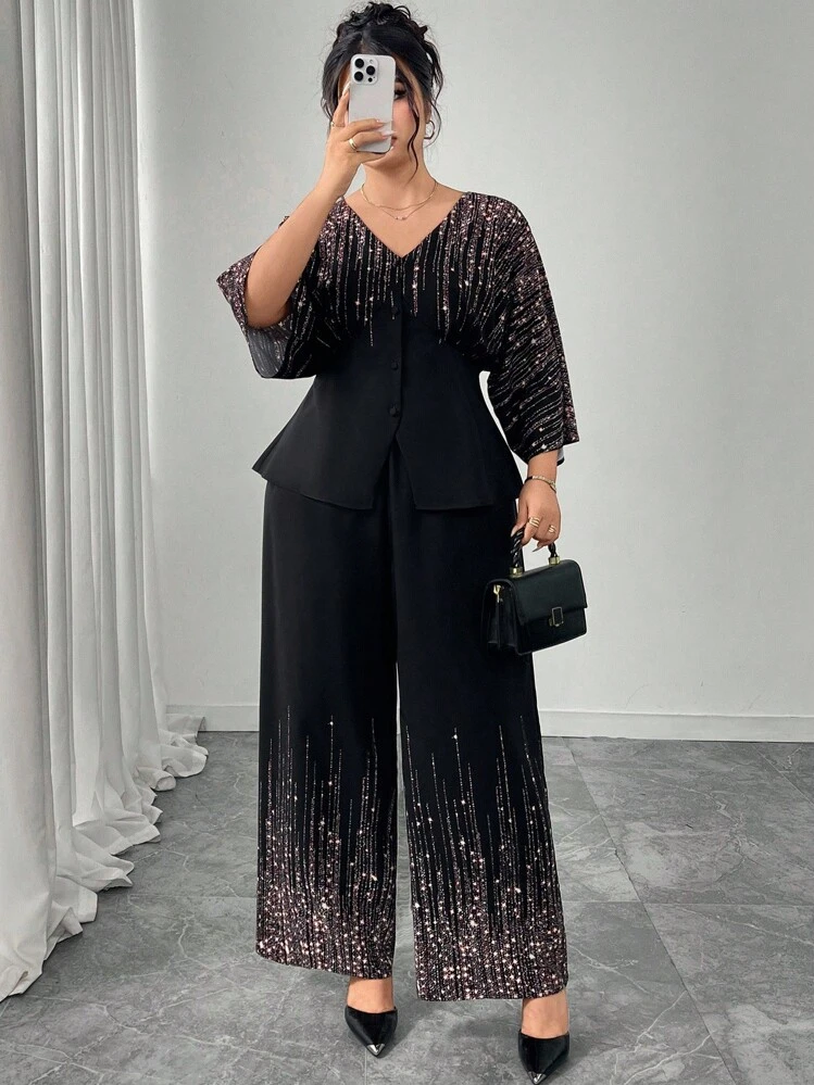 Modelyn 2pcs Plus Size Women Star Print Batwing Sleeve Top And Pants Set - Multicolor - View 3