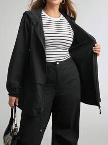 Comfylo 大码休闲户外纯色连帽风衣 - 黑色 - 查看 6