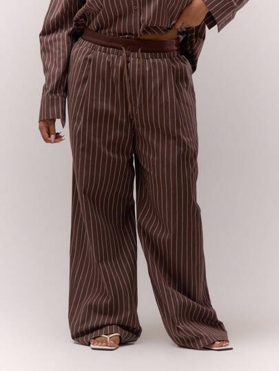 MUSERA Pantalones anchos y relajados de talla grande con rayas y cordón en la cintura, solo Bottom, lindos, elegantes, elegantes, para vacaciones, chica cool, casual, de descanso para mujeres con curvas, color caramelo, otoño, invierno, otoño