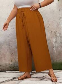SHEIN CURVE+ 大码女式高腰宽松喇叭腿纯色荷叶边夏季裤，曲线加大，波西米亚度假风 - 棕色 - 查看 5