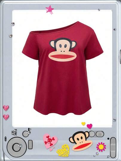 Paul Frank X ROMWE Camiseta suelta y corta con cuello asimétrico y estampado retro de dibujos animados, para mujer de talla grande, estilo casual urbano, para verano