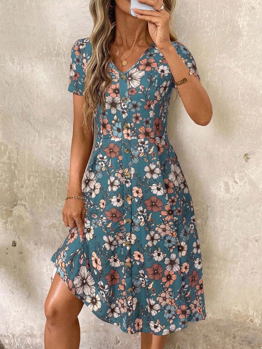 SHEIN Clasi V-Neck Button Red Floral Print Waist Cinched Women Dress,Spring Dress,Valentine Day Dress,Casual - Dusty Blue - View 1