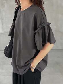 FRIFUL 女士宽松休闲纯色盖袖T恤，夏季，褶边