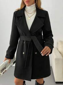EURMUSE Fashionable Versatile Solid Color Double-Breasted Overcoat, Autumn/Winter Office Everyday Black Elegant - Black - View 6