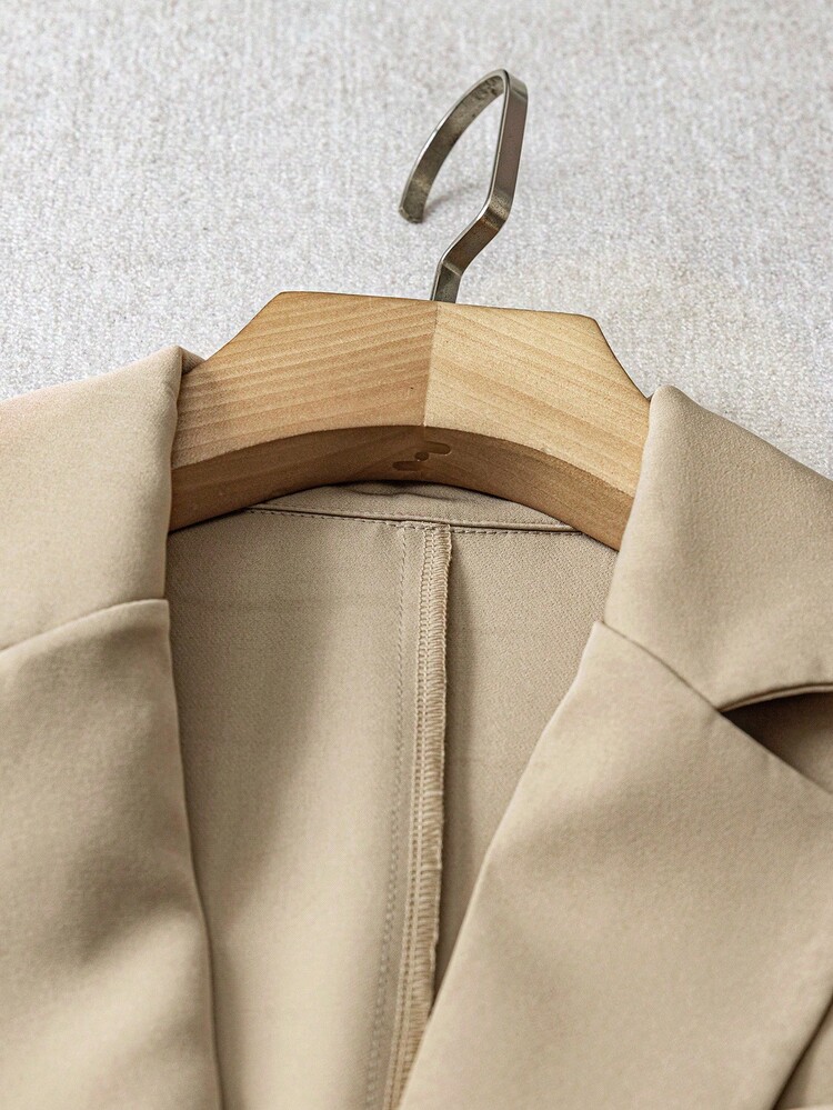 Franclia 女士初秋单排扣修身袖条纹拼布长袖西装外套和阔腿裤套装 - 米色 - 查看 6