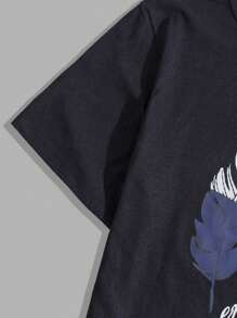 SHEIN Cottnline Cotton Men Letter Printed Regular T-Shirt Homewear Set - Navy Blue - View 4