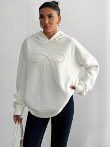 SHEIN Women Pearls Ribbon Embroidery Detailed Oversize Hooded Sweatshirt