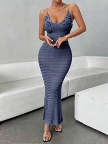 Islaluna Women's Solid Color 3D Floral Decor Fitted Elegant Camisole Knit Dress Knitted Sweater