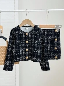 SHEIN Firerie Kids Young Girl Urban Chic Long Sleeve Jacket And Bodycon Mini Skirt Set Fall Winter