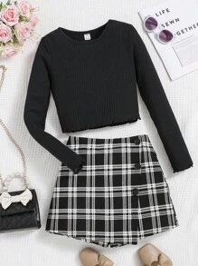 SHEIN Teen Girl Lettuce Trim Tee & Plaid Print Asymmetrical Hem Skort - Black - View 5