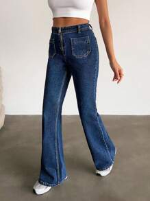 EURMUSE Women's Zipper Collar Pocketed Casual Versatile Flared Jeans Petite Women S Outfits Work Outfits For Women Women Jeans High Waisted - Medium Wash - View 3