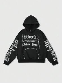 ROMWE MEN Street Life Men's Letter Printed Hoodie, Loose Cropped Style , Fall