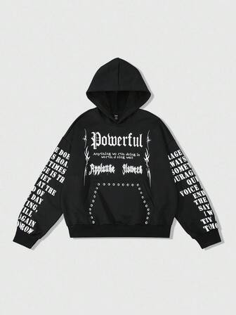 Street Life Felpa con cappuccio da uomo con stampa di lettere, stile oversize corto, autunnale