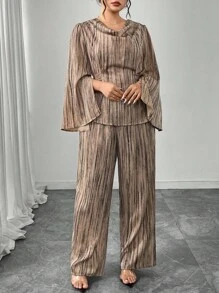 Modelyn 大码女式垂坠领收腰长袖优雅两件套 - 卡其色 - 查看 6