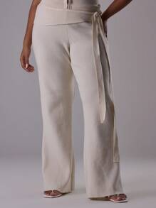 MUSERA Plus Size Foldover Side Tie Knit Mid Rise Flare Trousers Only Cute Holiday Elegant Classy Holiday Coolgirl Sexy Occasion Dawn Curve Summer - Apricot - View 2