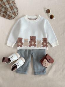 PrepCrw Baby Girls Campus Style Bear Print Pullover Sweater Adorable Baby Girl Autumn Sweater, White Knit Long Sleeve Pullover With Playful Brown Bear Design School Tops Clothes Outfit Cute Tops Graphic Tees Fall Winter - Multicolor - View 1
