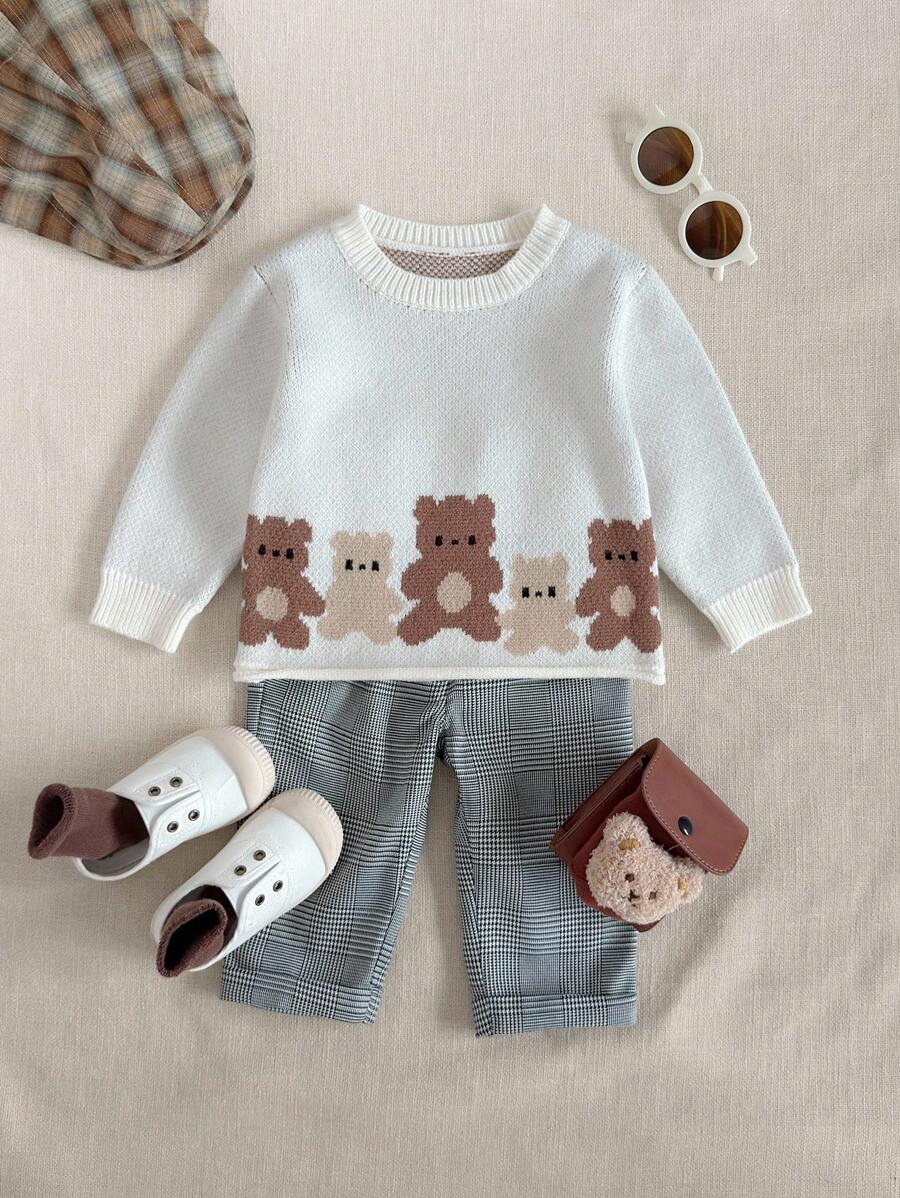 PrepCrw Baby Girls Campus Style Bear Print Pullover Sweater Adorable Baby Girl Autumn Sweater, White Knit Long Sleeve Pullover With Playful Brown Bear Design School Tops Clothes Outfit Cute Tops Graphic Tees Fall Winter - Multicolor - View 1