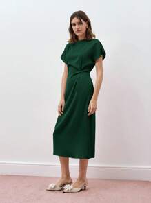 Maija Women's Plain Round Neck Short Sleeve Casual Fitted Shirred Waist Mid-Length Dress, Holiday, Business Casual, Satin Dress, Elegant Dress - Dark Green - View 5