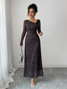 Elenzga Vestido casual y de moda con estampado de leopardo y cuello asimétrico para mujer