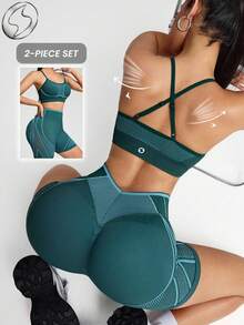 Innovista Seamless Workout Sets Sports High Support Quick Dry Daily Athleisure Yoga Pilates HIIT Training Office To Gym Tights Activewear Fall Structured Clothes Bra Legging Shorts Comfort Movement Functional Mesh Breathable Tummy Control Compression Figure-Flattering Cardio Running Outdoor Exercise Healthy TT Viral IG Reel Ready FYP INSTA OOTD Green Working, Women Athletic Set Utilitarian Chic, Sporty Green - Dark Green - View 6