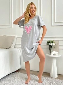EURMUSE Chemise de nuit 100% coton avec slogan graphique et imprimé cœur - Gris pâle - Voir 3
