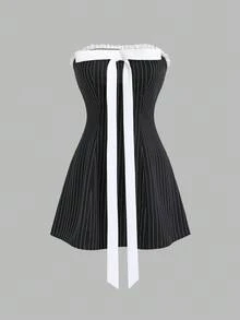 Sweetra Women's Retro Striped Blazer Design Lace Bowknot Waist Slim Fit Halter Dress Set, Elegant Style Fall Cloth For Women