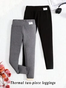 SHEIN Tween Girls Two Pieces Tight-Fitting Fleece Thermal Leggings With Waist Patch Decoration Chic Outfits For Autumn/Winter