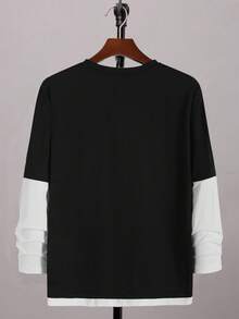 SHEIN Teen Boys' Basic Back To School Black & White Contrast Color Block Casual T-Shirt, Comfortable, Fashionable, Versatile, Soft Fabric, Suitable For Daily Wear, School, Travel, Outdoor Sports, Back To School, Autumn/Winter Long Sleeve Tee Winter Clothes Fall Boys Long Sleeve Top Teen Boys Shirt